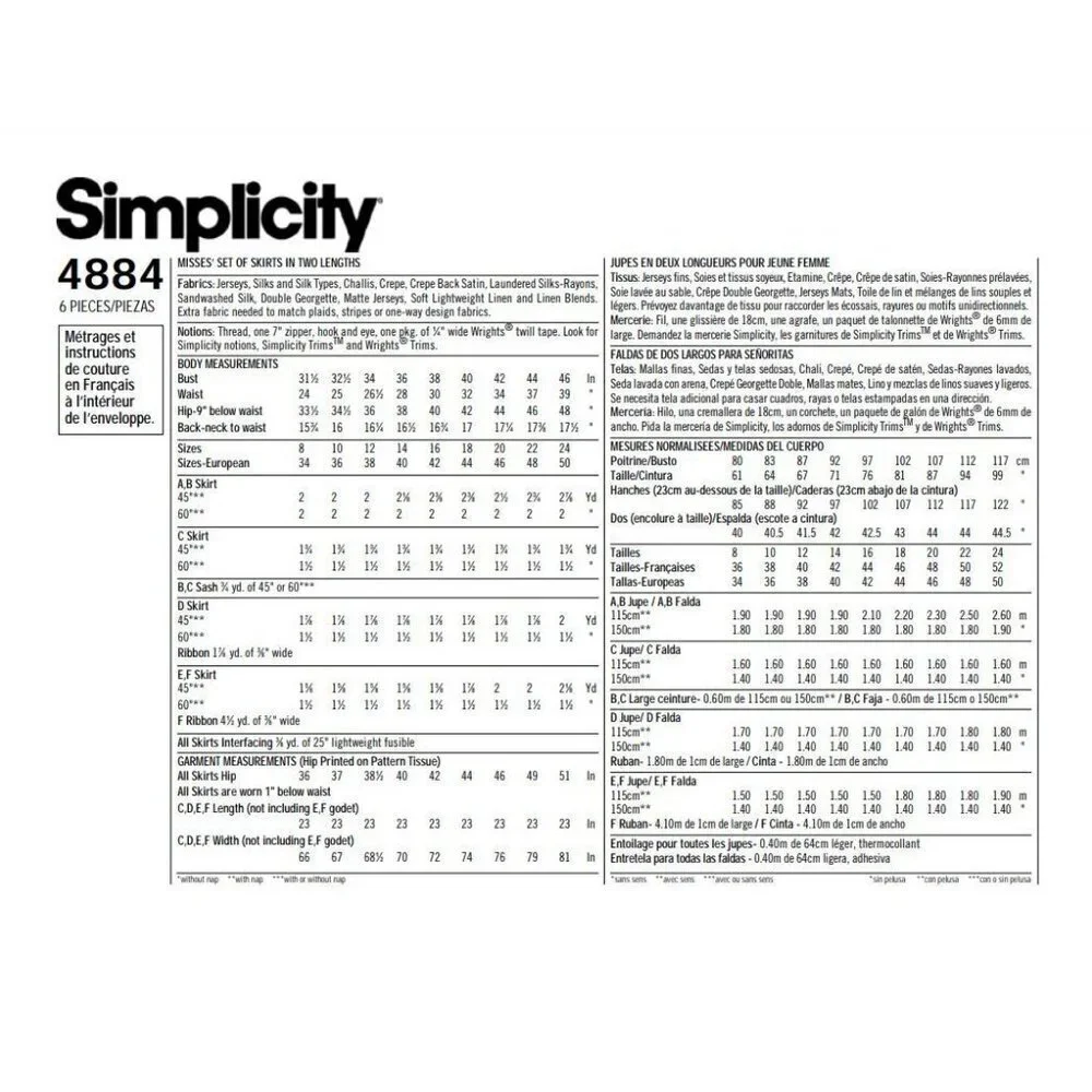 Simplicity Sewing Pattern 4884 Misses Skirt Two‎ Lengths Size 16-24